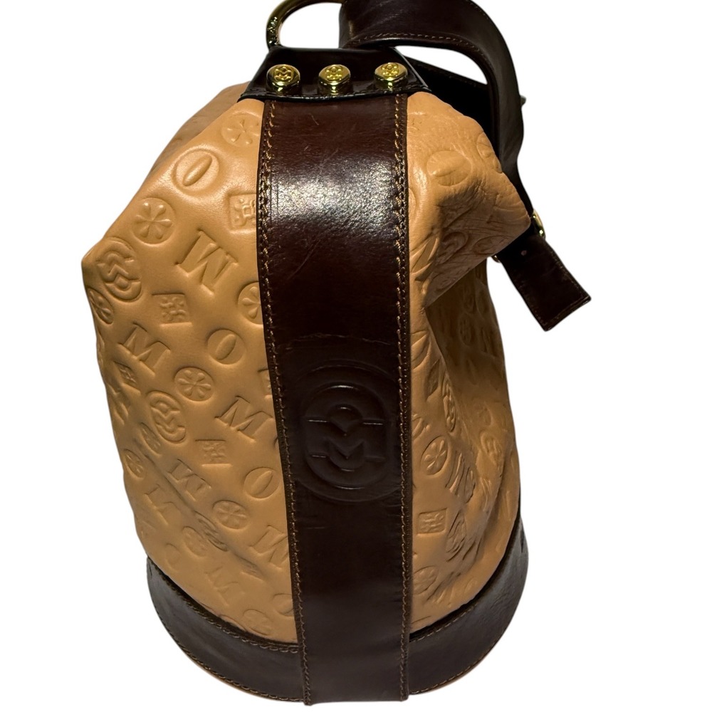 MARINO ORLANDI Vintage Italian Leather Bucket Bag Tan Embossed Monogram Y2K - Picture 3 of 16